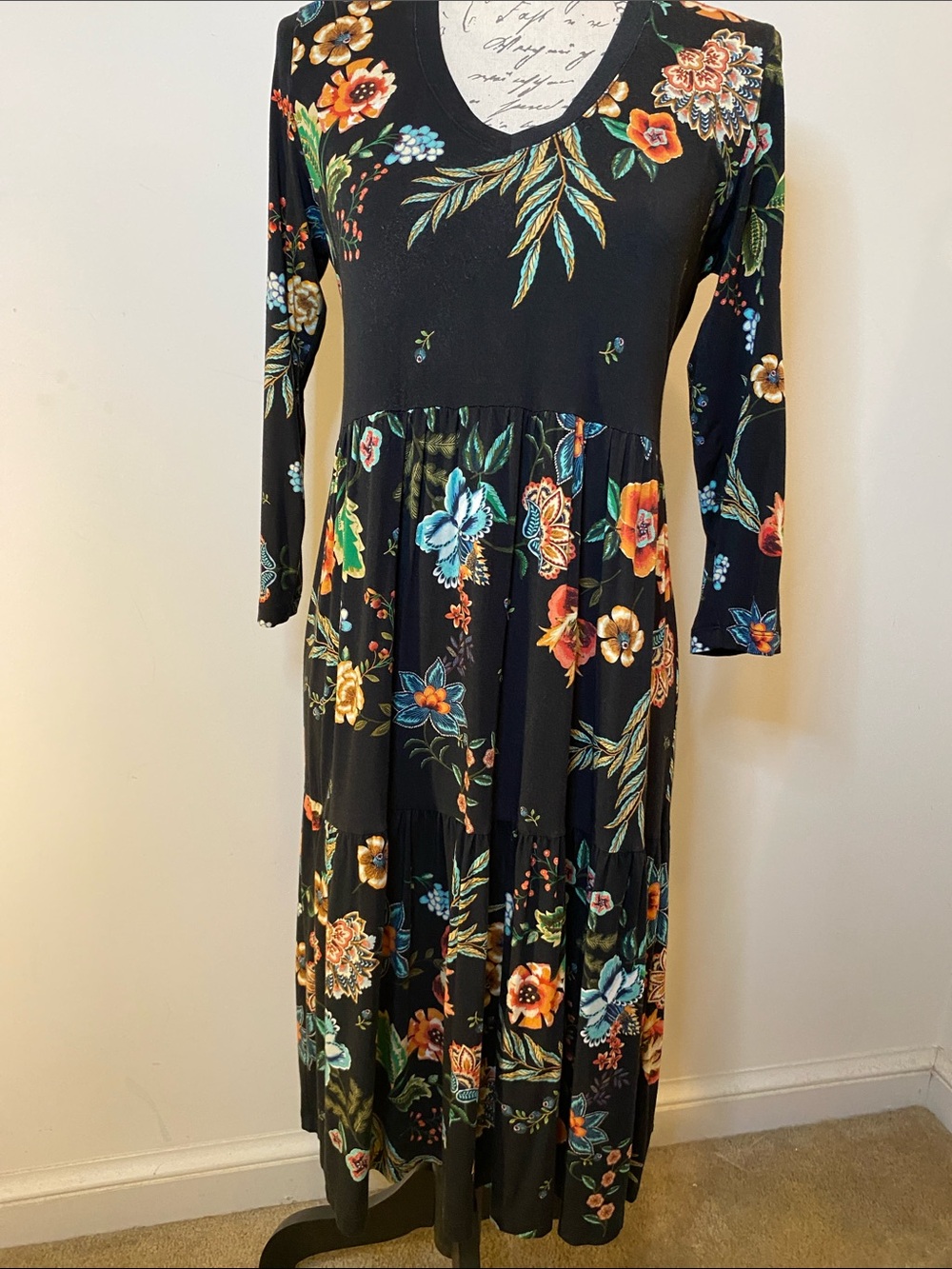 Johnny Was Ardell Black with Colorful Blooms Tiered Midi Dress - Bamboo